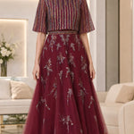 Floral Embroidered Beaded Flutter Sleeve Tulle A-Line Evening Gown
