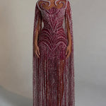 Luminous Beaded Fringe Cape Evening Gown
