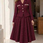 Elegant Pearl Embellished Tweed Blazer and Flared Midi Skirt Set