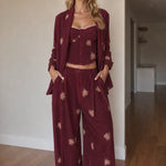 Floral Embroidered 3-Piece Pantsuit Set with Corset Top & Wide-Leg Trousers