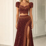 Two-Piece Beaded Evening Gown Set with Puff Sleeves and High Slit Skirt