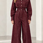 Women's Contrast Stitch Wide-Leg Denim Jumpsuit with Belt