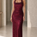 Halter Neck Beaded Shimmer Maxi Evening Gown with Ruched Waist