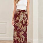 High-Waisted Metallic Jacquard Column Maxi Skirt with Feather Trim