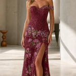 Off-the-Shoulder Sweetheart Sequin Floral Evening Gown with Slit