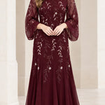 Sequined Botanical Sheer Sleeve Chiffon Maxi Evening Gown