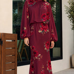 Floral Print High Neck Long Sleeve Maxi Dress with Back Tie