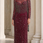 Elegant High-Neck Beaded Long Sleeve Evening Gown