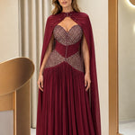 Elegant Embellished Cape Evening Gown with Pleated Skirt