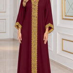 Embroidered Gold Trim V-Neck Kaftan Maxi Dress