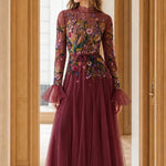 Floral Embroidered High-Neck Tulle Maxi Dress with Tiered Bell Sleeves