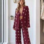 Women's 3-Piece Rhinestone Embellished Blazer Crop Top & Wide Leg Pants Set