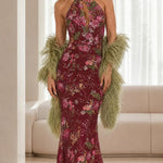 Floral Sequin Embroidered Halter Neck Mermaid Evening Gown
