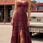 Boho Corset Bodice Tiered Maxi Dress with Lace Insets and Front Slit