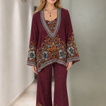 Vintage Baroque Floral Print Tunic Top and Wide Leg Pants Two-Piece Set