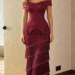 Elegance Tiered Fringe Off-Shoulder Evening Gown
