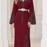 Embroidered Moroccan Caftan Maxi Dress with Ornate Belt and Flared Sleeves