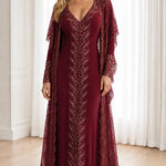 Sequin Embroidered V-Neck Maxi Evening Gown with Sheer Lace Duster Jacket Set