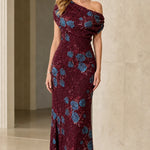 One-Shoulder Sequin Floral Evening Gown
