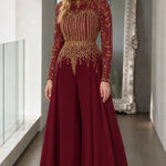 Elegant Sequin Embroidered Wide-Leg Evening Jumpsuit with Sheer Long Sleeves