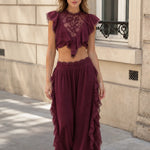 Boho Lace Ruffle Two-Piece Crop Top and Wide Leg Pants Set
