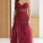 Floral Lace Corset Bodice Tulle Maxi Evening Gown with Slit