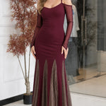 Cold-Shoulder Sheer Sleeve Mermaid Maxi Dress with Sparkle Inset Skirt