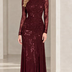 Long Sleeve Mock Neck Ruched Floral Lace Evening Gown