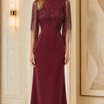 Sequin Beaded Fringe Mock Neck Maxi Evening Gown with Lace-Up Back