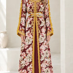 Floral Embroidered Moroccan Kaftan Maxi Dress with Belt