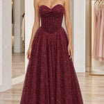 Strapless Glitter Tulle Sweetheart Corset Evening Gown