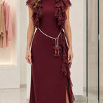 Elegant Lace Ruffle Accent Maxi Dress with Tassel Belt