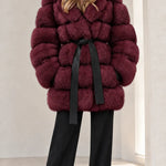 Women's Hooded Belted Faux Fur Coat with Tiered Plush Panels