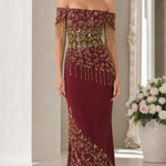 Off-Shoulder Beaded Formal Evening Dress with Fringe Detail