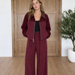 Women's Contrast Collar Zip Jacket and Wide-Leg Pants Two-Piece Set