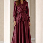 Elegant Satin Wrap Blazer Top and Maxi Skirt Two-Piece Set