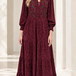 Embroidered Tiered Long Sleeve Maxi Dress with Smocked Cuffs