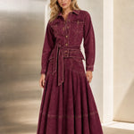 Long Sleeve Belted Button-Down Denim Maxi Shirt Dress