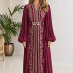 Embroidered Pleated Kaftan Maxi Dress with Embellished Belt