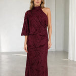 One-Shoulder High Neck Embellished Maxi Dress with Draped Flutter Sleeve