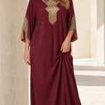 Embellished Kaftan Maxi Dress with Beaded V-Neck and Batwing Sleeves