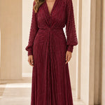 Elegant V-Neck Beaded Long Sleeve Evening Maxi Dress