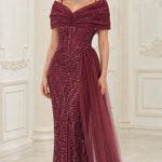 Off-the-Shoulder Sequin Evening Gown with Draped Bodice and Side Tulle Train