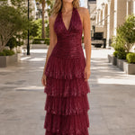 Halter Neck Ruched Bodice Tiered Sequin Tulle Maxi Evening Gown