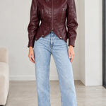 Women's High Neck Buckle Faux Leather Jacket with Pointed Hem