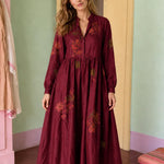 Women's Long-Sleeve Embroidered Midi Dress with Button Front