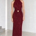 High Neck Sleeveless Glitter Textured Maxi Dress with Waist Ornament