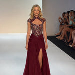 Embellished Keyhole High-Neck Chiffon Evening Gown with Slit