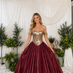 Off-The-Shoulder Mirrored Bodice Pleated Ball Gown with Shimmer Skirt