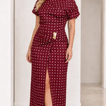 Women's Asymmetrical Neckline Polka Dot Midi Dress with Ruched Buckle Detail